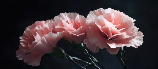 Aufkleber - Delicate soft pink carnation blooms with layered petals arranged on the left against a dark background enhancing their elegant beauty and contrast