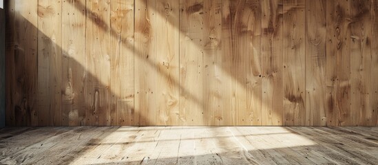Poster - Wooden backdrop with warm tones and natural texture, featuring soft shadows across a flat wooden surface ideal for copy space usage.