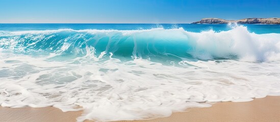 Poster - Vivid turquoise ocean wave crashing onto a sandy beach with white foam against a clear blue sky enhancing the serene coastal atmosphere.