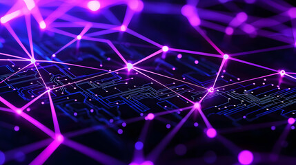 Abstract Digital Network Illustration With Purple and Blue Lights Connected Circuit Board Structure