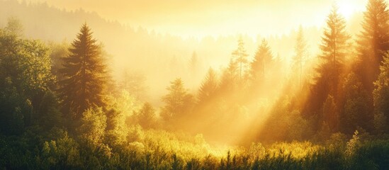 Fototapete - Aerial view of a sunlit forest during summer, showcasing golden light filtering through tall green trees, with soft mist enhancing the serene atmosphere.