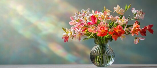 Aufkleber - Vibrant springtime flowers in a glass vase on a light table, colorful blooms against a soft pastel background, creating an inviting home decor ambiance