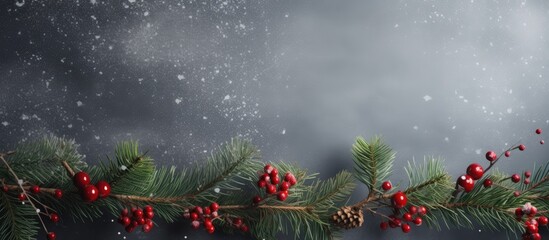 Aufkleber - Winter festive arrangement of evergreen spruce branches with red berries and pinecones against a soft gray background with falling snowflakes.