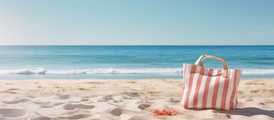 Poster - Sandy beach with a striped tote bag on the right, soft waves in the background and clear blue sky, creating a serene vacation atmosphere.