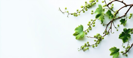 Fototapete - Fresh green grapevine branch with clusters of grapes against a clean white background; leaves positioned on the left side, grapes scattered artistically.