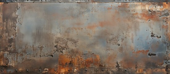 Poster - Aged metal texture with rust spots and rivets in shades of gray and orange, featuring a worn and weathered surface for copy space design.