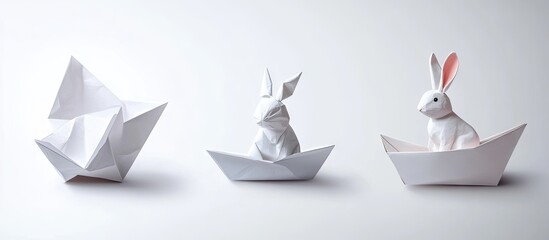Aufkleber - White origami figures of a boat, rabbit, and plane arranged on a light background with soft shadows showcasing intricate folds and textures.