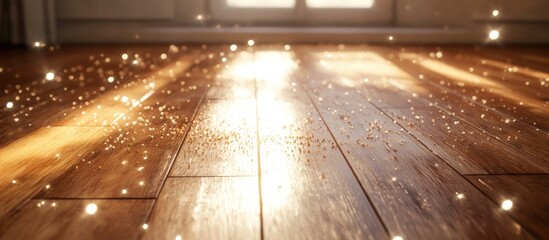 Poster - Magical fairy dust shimmering on a polished wooden floor with warm sunlight beams creating an enchanting glow in a serene indoor setting