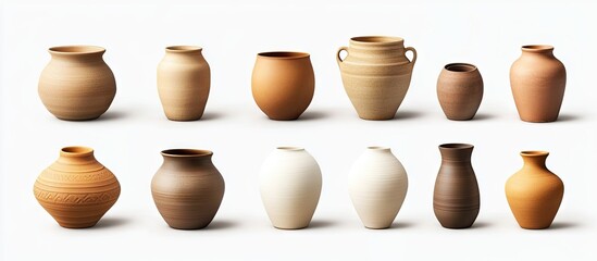 Leinwandbilder - Collection of twelve earthenware pottery pieces arranged in a line on a white background showcasing varying shades of brown beige and white with negative space
