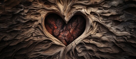 Poster - Intricately carved heart in tree bark with rich brown and reddish tones surrounded by textured wood, symbolizing love and connection in nature.