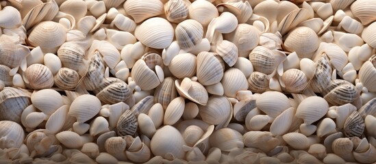 Poster - Seashells scattered on a sandy background with a white central space for inscriptions providing a beach-themed design element in calming beige tones.