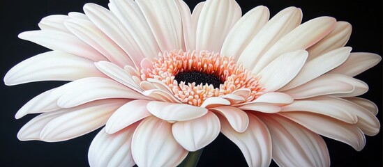 Aufkleber - Elegant white gerbera flower with soft pink accents, positioned centrally against a dark background, showcasing intricate petal detail and texture.