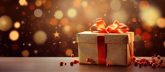 Aufkleber - Gift box with red ribbon and bow on a wooden surface. Blurred warm bokeh background with gold and orange lights creating a festive atmosphere.