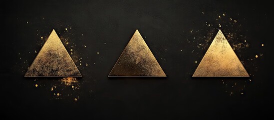 Leinwandbilder - Golden triangular shapes on a dark textured background, arranged in a row, featuring subtle dust and sparkle effects, conveying elegance and sophistication.