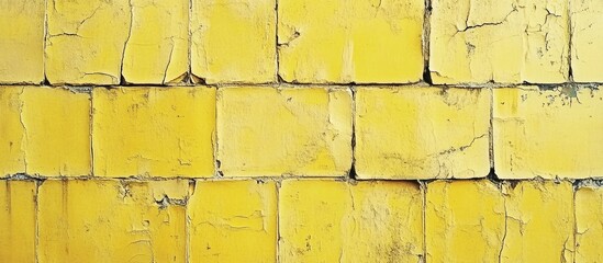 Aufkleber - Weathered yellow brick wall with a textured grunge finish showing cracks and rough surfaces, focusing on aged elements arranged in horizontal rows.