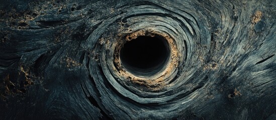 Aufkleber - Textured aged wood with a dark wormhole at the center, showcasing unique rustic patterns in shades of brown and black, top-down perspective.