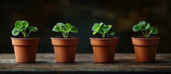 Leinwandbilder - Row of four terracotta pots with vibrant green sorrel plants on a rustic wooden table, warm earthy tones contrasting with a dark background.