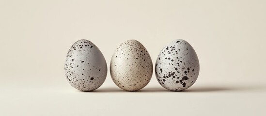 Poster - Three speckled eggs in varying shades of gray and beige positioned diagonally against a soft neutral background creating an elegant minimalist composition.