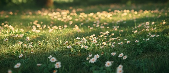 Leinwandbilder - Serene green meadow with scattered delicate white daisies bathed in soft sunlight featuring ample space for text on the lush grass background