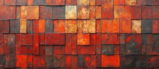 Poster - Aged red brick wall texture with vivid patterns in deep red and orange hues showcasing rustic charm and time-worn elegance for design projects.