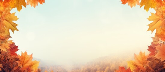 Aufkleber - Autumn landscape with vibrant orange and yellow leaves framing a serene blank center against a soft pastel sky creating a tranquil atmosphere