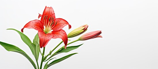 Aufkleber - Vibrant red lily with fresh green leaves and a budding pink flower against a soft white background elegantly arranged for a minimalist floral display