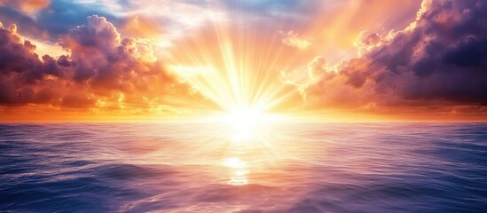Poster - Vibrant sunset over the calm ocean with brilliant beams of light rising amidst colorful clouds creating a stunning uplifting horizon scene