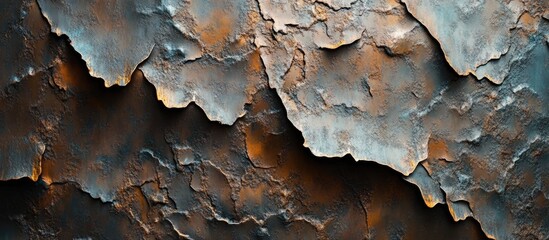 Poster - Detailed close-up of weathered metal surface showcasing rust-colored fragments, deep indentations, and layers of peeling paint in hues of blue and orange.