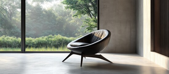 Poster - Modern black ergonomic chair positioned near a panoramic window with lush greenery outside, showcasing minimalist interior design in soft natural light.