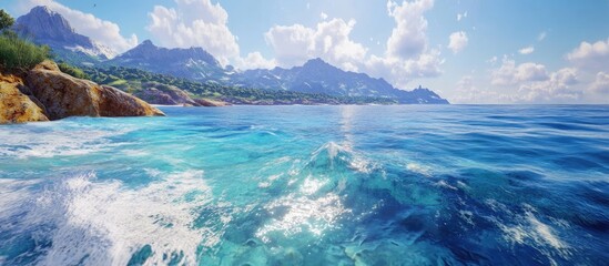 Poster - Serene coastal landscape with vibrant blue waves gently crashing onto rocky shore under a bright sky dotted with fluffy clouds and distant mountains.