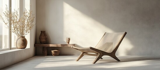Poster - Minimalist interior with a wooden chair positioned towards natural light, beige walls, a vase with branches on the left, creating a serene atmosphere.
