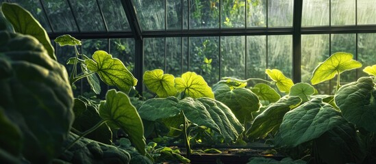 Fototapete - Sunlit greenhouse with lush green squash leaves in foreground, illuminated by soft light filtering through glass panels, creating a serene atmosphere.