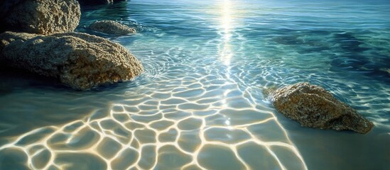 Poster - Tranquil ocean scene with shimmering sunlight reflections on clear water blended with sandy tones and textured rocks in the foreground.
