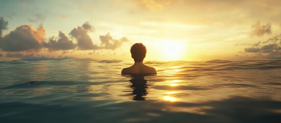 Poster - Serene sunset reflection with a silhouetted figure in calm ocean waters, gentle waves, warm orange and yellow hues blending into the tranquil sky