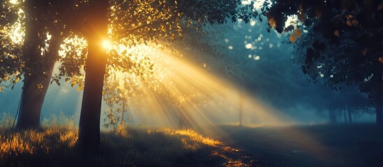 Fototapete - Golden sunbeams piercing through misty morning forest with vibrant green leaves and soft shadows creating a serene and tranquil atmosphere