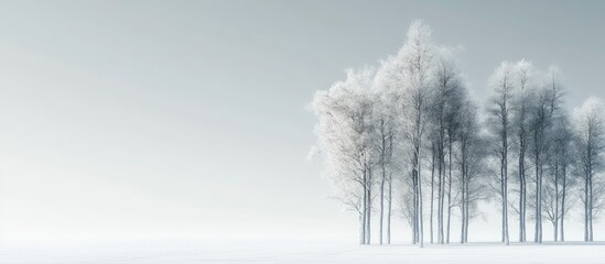 Aufkleber - Tall trees with frosted branches in a serene winter landscape against a soft white background emphasizing tranquility and isolation in cool tones.