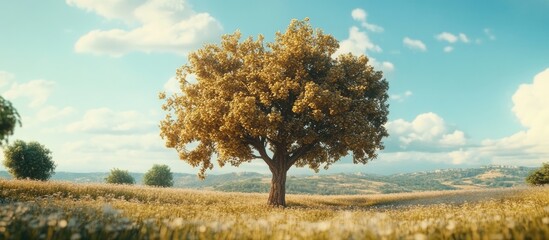 Aufkleber - Lone oak tree with golden leaves in a vibrant green field under a clear blue sky scattered with fluffy white clouds during springtime.