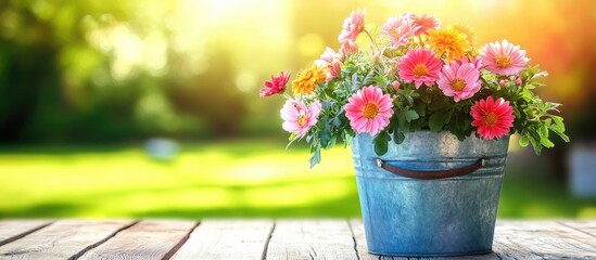 Aufkleber - Vibrant colorful spring flowers in a vintage blue bucket on a rustic wooden table with soft bokeh background and ample copy space on the right