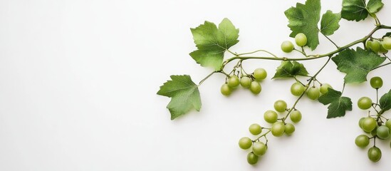 Fototapete - Fresh green grape vine branch with clusters of unripe grapes and vibrant leaves positioned on the right side against a clean white background