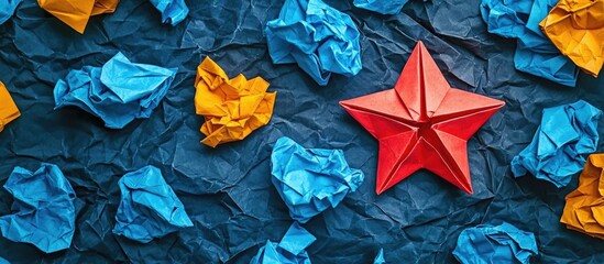 Poster - Colorful paper crumples in blue and yellow with a bright red origami star positioned centrally against a textured dark blue background.