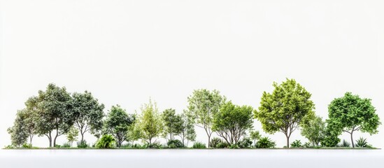 Aufkleber - Diverse collection of tree species with lush green foliage arranged in a row against a clean white background highlighting their unique shapes and sizes.