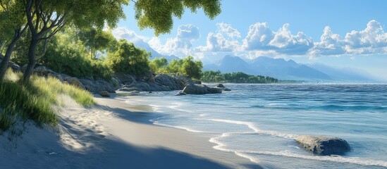 Poster - Serene beach landscape with gentle waves lapping at sandy shore under blue and white clouds with lush green trees on the left side.