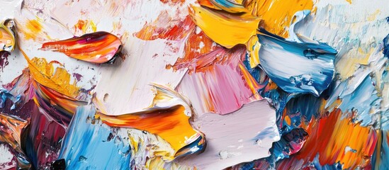 Poster - Colorful abstract painting showcasing vibrant shades of yellow, orange, blue, and pink with thick textured strokes emphasizing artistic depth and expression.