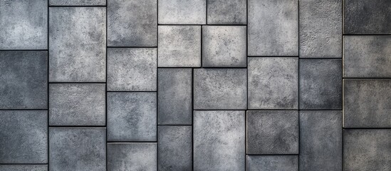 Poster - Gray textured wall tiles arranged in a modern geometric pattern with varying shades of gray highlighting the intricate design and shadowing.