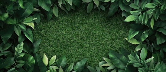 Poster - Lush green grass background framed with vibrant green leaves creating a natural summer aesthetic suitable for nature-themed designs.