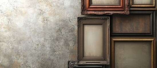 Poster - Rustic vintage frames arranged asymmetrically on a textured gray wall creating a warm, gallery-like atmosphere with earthy tones and inviting aesthetics