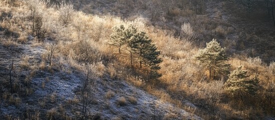 Poster - Sunlight illuminating frosted spruce trees on a forest slope with golden grass and softly shaded ground, highlighting nature's tranquility.