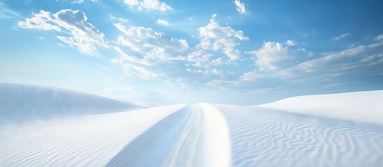 Aufkleber - Vast desert landscape with white sandy trails leading to expansive bright blue skies dotted with fluffy clouds showcasing a serene natural beauty