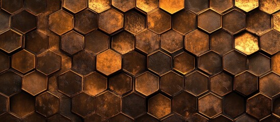 Poster - Hexagonal grid textures in warm brown and gold hues create a dynamic 3D effect against a rich dark background enhancing visual depth