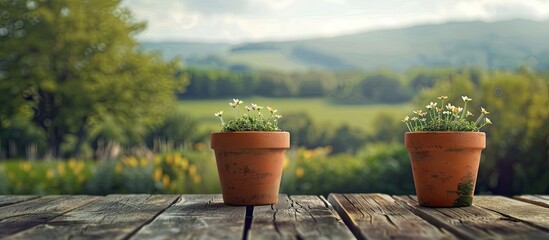 Poster - Two small terracotta pots with blooming white flowers sit on a wooden table in the foreground, set against a lush green landscape and distant hills.